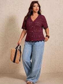 Elaquor Plus Size Autumn Casual Elegant 2000s 90s Solid Color Hollow Knit Cardigan Club Formal Office Formal Black Fall - Burgundy - View 6
