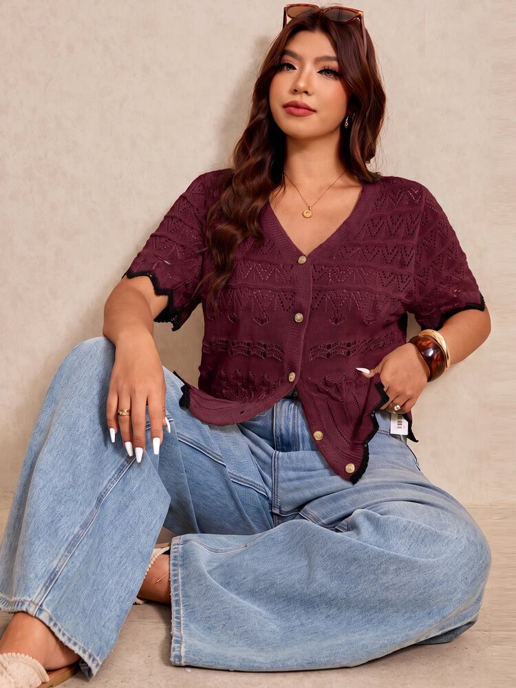 Elaquor Plus Size Autumn Casual Elegant 2000s 90s Solid Color Hollow Knit Cardigan Club Formal Office Formal Black Fall - Burgundy - View 1