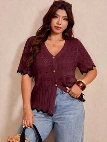 Elaquor Plus Size Autumn Casual Elegant 2000s 90s Solid Color Hollow Knit Cardigan Club Formal Office Formal Black Fall - Burgundy - View 4