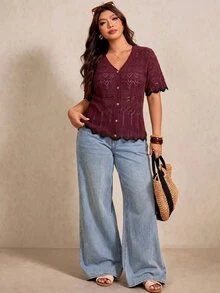 Elaquor Plus Size Autumn Casual Elegant 2000s 90s Solid Color Hollow Knit Cardigan Club Formal Office Formal Black Fall - Burgundy - View 3