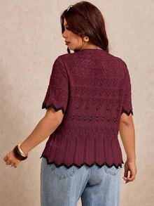 Elaquor Plus Size Autumn Casual Elegant 2000s 90s Solid Color Hollow Knit Cardigan Club Formal Office Formal Black Fall - Burgundy - View 2