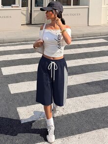 Muchica 女款抽繩腰側條紋寬鬆休閒百慕達短褲 - 藏蓝色 - 查看 3