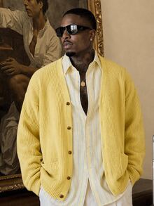 Vientiro Men's Solid Color Single-Breasted Casual Knit Long Sleeve Cardigan - Light Yellow - View 1
