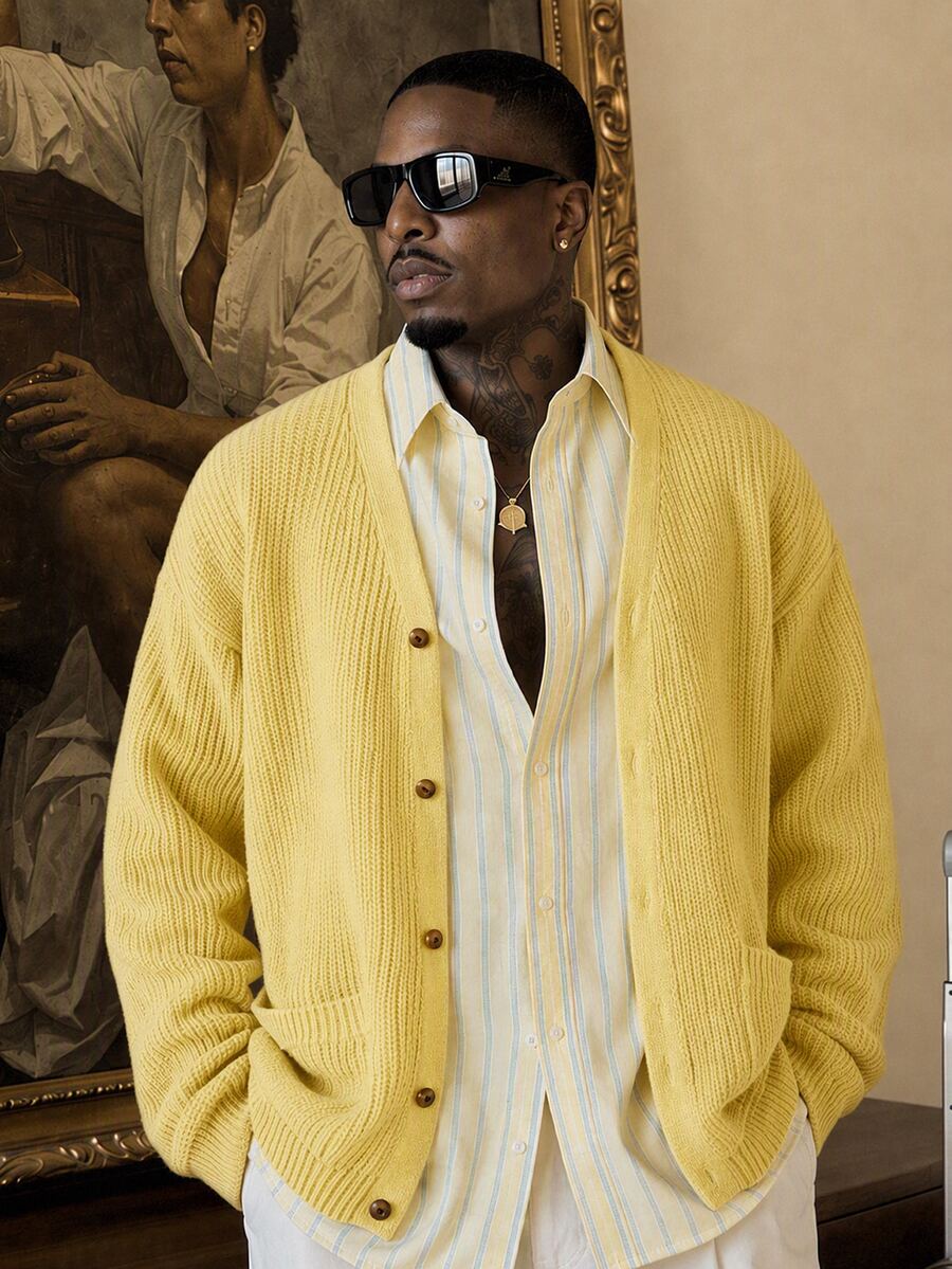 Vientiro Men's Solid Color Single-Breasted Casual Knit Long Sleeve Cardigan - Light Yellow - View 1