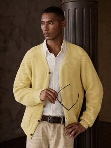 Vientiro Men's Solid Color Single-Breasted Casual Knit Long Sleeve Cardigan - Light Yellow - View 6