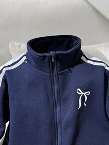 SHEIN 青少年女孩秋冬休閒加厚抓絨內裡立領前開襟拉鍊蝴蝶結印花蕾絲飾邊拼接寬鬆落肩長袖外套開學穿搭寶藍色 - 藏蓝色 - 查看 7
