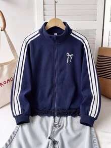 SHEIN 青少年女孩秋冬休閒加厚抓絨內裡立領前開襟拉鍊蝴蝶結印花蕾絲飾邊拼接寬鬆落肩長袖外套開學穿搭寶藍色 - 藏蓝色 - 查看 5