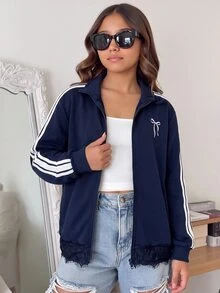SHEIN 青少年女孩秋冬休閒加厚抓絨內裡立領前開襟拉鍊蝴蝶結印花蕾絲飾邊拼接寬鬆落肩長袖外套開學穿搭寶藍色 - 藏蓝色 - 查看 6