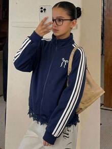 SHEIN 青少年女孩秋冬休閒加厚抓絨內裡立領前開襟拉鍊蝴蝶結印花蕾絲飾邊拼接寬鬆落肩長袖外套開學穿搭寶藍色 - 藏蓝色 - 查看 2