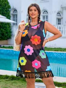 Swim Mod Plus Size Women Sleeveless Floral Random Pattern Tasseled Hem Beach Vacation Vacation Cover Up For Summer Beach Vacation White Sexy - Black - View 7