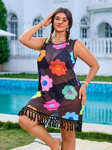 Swim Mod Plus Size Women Sleeveless Floral Random Pattern Tasseled Hem Beach Vacation Vacation Cover Up For Summer Beach Vacation White Sexy - Black - View 8