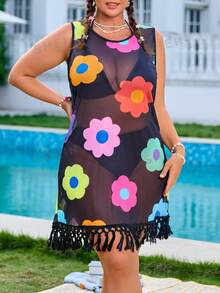 Swim Mod Plus Size Women Sleeveless Floral Random Pattern Tasseled Hem Beach Vacation Vacation Cover Up For Summer Beach Vacation White Sexy - Black - View 4