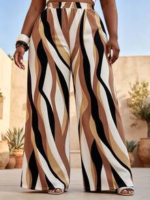 CurvyTilda Plus Size Women Elastic Waist Color Block Casual Loose Fit Wide Leg Pants, Versatile For Daily Wear Vacation High Classy Palazzo Fall - Multicolor - View 4