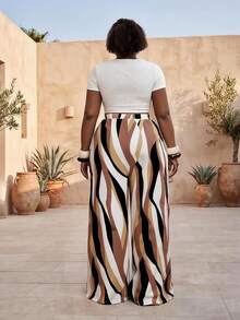 CurvyTilda Plus Size Women Elastic Waist Color Block Casual Loose Fit Wide Leg Pants, Versatile For Daily Wear Vacation High Classy Palazzo Fall - Multicolor - View 2