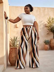 CurvyTilda Plus Size Women Elastic Waist Color Block Casual Loose Fit Wide Leg Pants, Versatile For Daily Wear Vacation High Classy Palazzo Fall - Multicolor - View 3