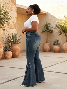 CurvyTilda Plus Size Women Pocket Patchwork Fringe Flare Leg Jeans Casual - Blue - View 3