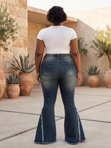 CurvyTilda Plus Size Women Pocket Patchwork Fringe Flare Leg Jeans Casual - Blue - View 2