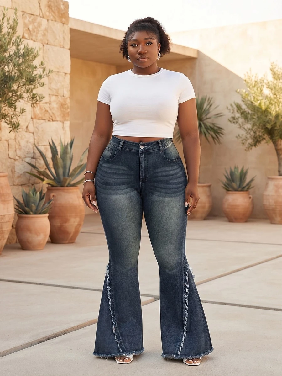 CurvyTilda Plus Size Women Pocket Patchwork Fringe Flare Leg Jeans Casual - Blue - View 1