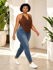 CurvyTilda Plus Size Sexy Rhinestone Decor Halter Backless Blouse For Summer Brown Tops Plus Size Brown Tops For Women Plus Size Western Wear Casual - Coffee Brown - View 5