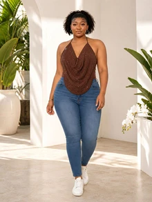 CurvyTilda Plus Size Sexy Rhinestone Decor Halter Backless Blouse For Summer Brown Tops Plus Size Brown Tops For Women Plus Size Western Wear Casual - Coffee Brown - View 4