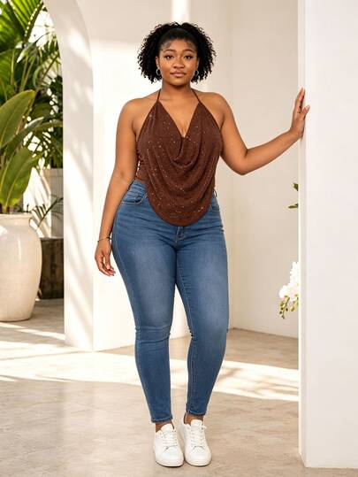 CurvyTilda Blus Tanpa Lengan Model Halter Seksi Ukuran Besar dengan Hiasan Berlian Imitasi untuk Musim Panas, Atasan Cokelat Ukuran Besar untuk Wanita, Pakaian Barat Ukuran Besar