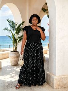 CurvyTilda Plus Size Women's Black & White Polka Dot Print Elastic Waist Skirt Vacation - Black - View 1
