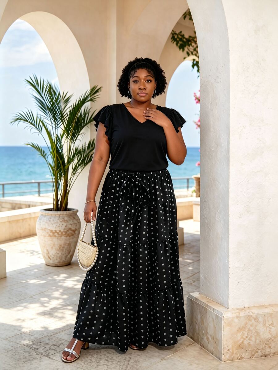 CurvyTilda Plus Size Women's Black & White Polka Dot Print Elastic Waist Skirt Vacation - Black - View 1