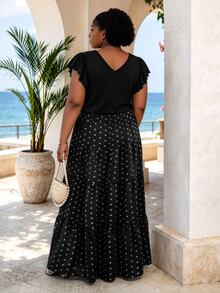 CurvyTilda Plus Size Women's Black & White Polka Dot Print Elastic Waist Skirt Vacation - Black - View 2