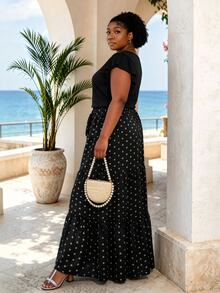 CurvyTilda Plus Size Women's Black & White Polka Dot Print Elastic Waist Skirt Vacation - Black - View 3