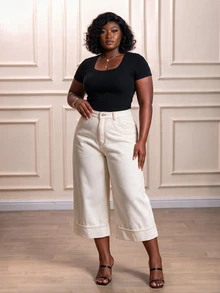 CurvyTilda Plus Size Women Casual Solid Color Wide Leg Jeans Summer For Spring Breaks Vacations Holidays White Pants Classic Everyday Comfort Fit Denim Fall - White - View 2