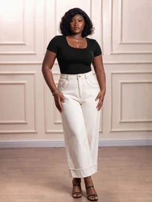 CurvyTilda Plus Size Women Casual Solid Color Wide Leg Jeans Summer For Spring Breaks Vacations Holidays White Pants Classic Everyday Comfort Fit Denim Fall - White - View 5