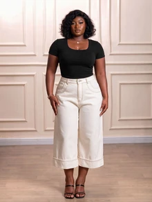 CurvyTilda Plus Size Women Casual Solid Color Wide Leg Jeans Summer For Spring Breaks Vacations Holidays White Pants Classic Everyday Comfort Fit Denim Fall - White - View 4
