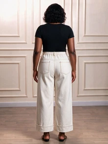 CurvyTilda Plus Size Women Casual Solid Color Wide Leg Jeans Summer For Spring Breaks Vacations Holidays White Pants Classic Everyday Comfort Fit Denim Fall - White - View 3