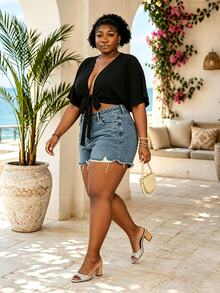 CurvyTilda 大尺碼蝙蝠袖前打結短版上衣 黑色 - 黑色 - 查看 4
