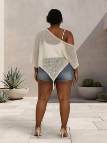 CurvyTilda Sweater Rajut Rumbai Bahu Asimetris Longgar untuk Wanita Ukuran Plus, Cocok untuk Musim Gugur - Aprikot - View 2