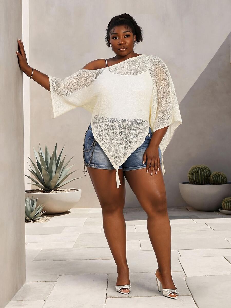 CurvyTilda Sweater Rajut Rumbai Bahu Asimetris Longgar untuk Wanita Ukuran Plus, Cocok untuk Musim Gugur - Aprikot - View 1