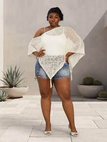 CurvyTilda Sweater Rajut Rumbai Bahu Asimetris Longgar untuk Wanita Ukuran Plus, Cocok untuk Musim Gugur - Aprikot - View 4