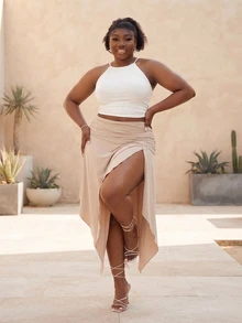CurvyTilda Plus Size Women Beige Summer Beach Holiday Solid Ruched Waist Asymmetrical Hem High Slit Skirt,New City Resort Casual Apparel - Apricot - View 4
