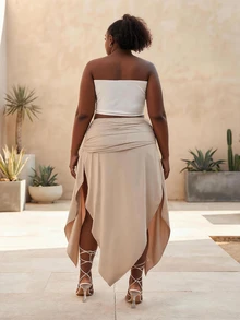 CurvyTilda Plus Size Women Beige Summer Beach Holiday Solid Ruched Waist Asymmetrical Hem High Slit Skirt,New City Resort Casual Apparel - Apricot - View 3