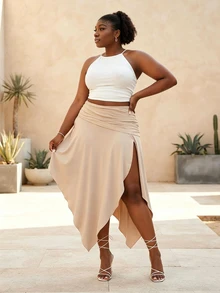 CurvyTilda Plus Size Women Beige Summer Beach Holiday Solid Ruched Waist Asymmetrical Hem High Slit Skirt,New City Resort Casual Apparel - Apricot - View 5