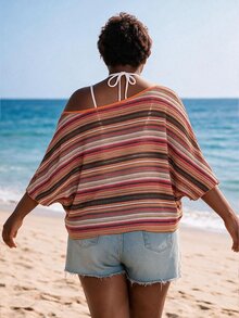 CurvyTilda 波希米亞風彩色條紋不對稱領口露肩短袖大尺碼T恤，春夏沙灘罩衫上衣，沙灘休閒夏季上衣 - 彩色 - 查看 2