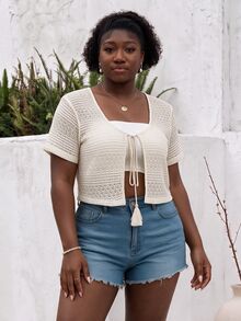 CurvyTilda Plus Tassel Tie Front Crop Top Without Cami Top, Summer - Apricot - View 3