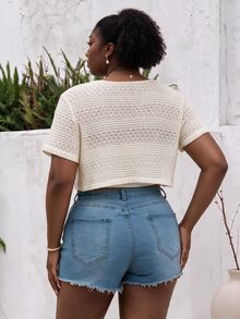 CurvyTilda Plus Tassel Tie Front Crop Top Without Cami Top, Summer - Apricot - View 2