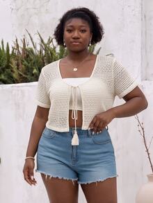 CurvyTilda Plus Tassel Tie Front Crop Top Without Cami Top, Summer - Apricot - View 1