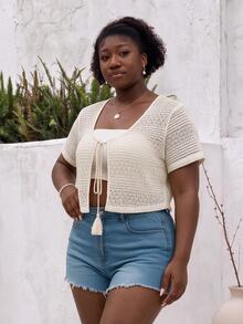 CurvyTilda Plus Tassel Tie Front Crop Top Without Cami Top, Summer - Apricot - View 4