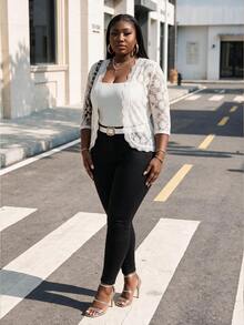 CurvyTilda Curve Plus Size Women White Bridal Elegant Wedding Floral Lace 3/4 Sleeve Open Front Light Jacket, Sun Protection Cardigan Coat Tops Fall - White - View 2