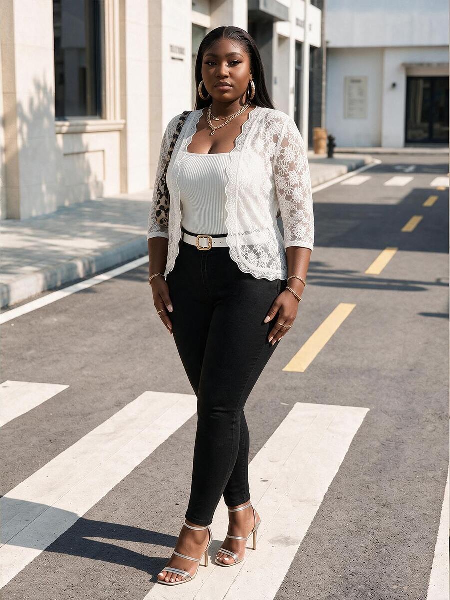 CurvyTilda Curve Plus Size Women White Bridal Elegant Wedding Floral Lace 3/4 Sleeve Open Front Light Jacket, Sun Protection Cardigan Coat Tops Fall