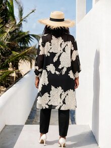 CurvyTilda Plus Size Elegant Floral Print Sheer Front Button Shirt,Black,Autumn,Dinner, Tops Kimono Cover Up Long Blouses Plus Size Kimonos For Woman Vacation - Black - View 3