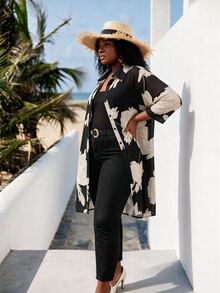 CurvyTilda Plus Size Elegant Floral Print Sheer Front Button Shirt,Black,Autumn,Dinner, Tops Kimono Cover Up Long Blouses Plus Size Kimonos For Woman Vacation - Black - View 5