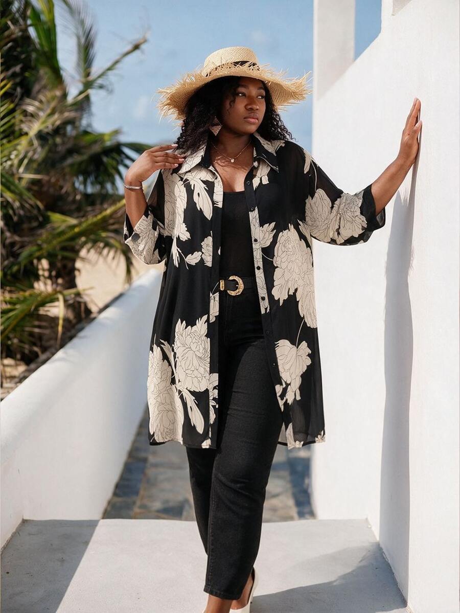 CurvyTilda Plus Size Elegant Floral Print Sheer Front Button Shirt,Black,Autumn,Dinner, Tops Kimono Cover Up Long Blouses Plus Size Kimonos For Woman Vacation
